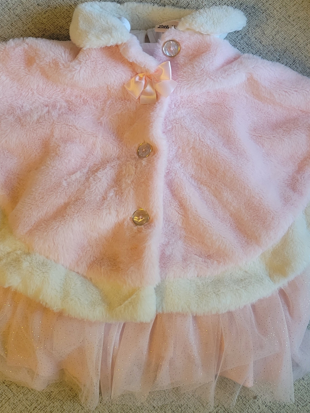 Little Lass Pink Faux-Fur Cape with Cream Trim and Bow
